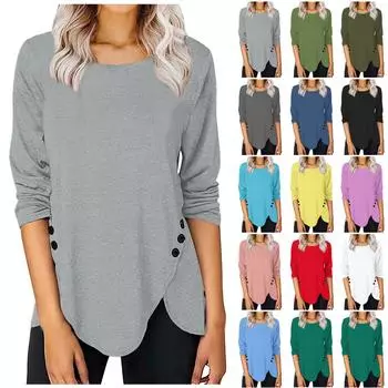 Женская футболка с круглым вырезом и длинными рукавами, однотонный топ на пуговицах нестандартной формы S розовый