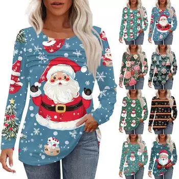 Женская футболка с круглым вырезом и длинными рукавами с принтом рождественской елки и снежинки L