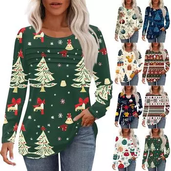 Женская футболка с круглым вырезом и длинными рукавами с принтом рождественской елки и снежинки XXL