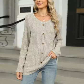 Женская футболка с круглым вырезом и длинными рукавами, декорированная пуговицами, свободный топ-пуловер для женщин S синий