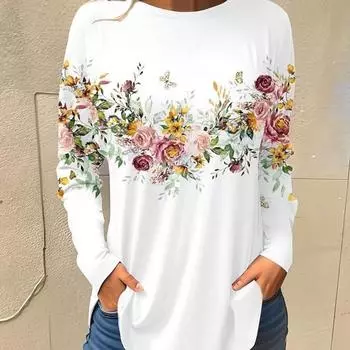 Женская футболка с круглым вырезом и длинными рукавами, модная повседневная футболка больших размеров для женщин S