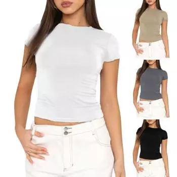Женская футболка с круглым вырезом и коротким рукавом, пуловер, топы, облегающая однотонная футболка S белый