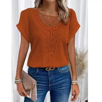 Женская футболка с круглым вырезом и коротким рукавом, женские модные летние кружевные лоскутные свободные топы S белый