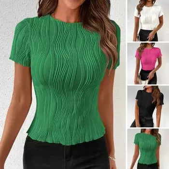 Женская футболка с круглым вырезом и коротким рукавом, приталенная футболка, однотонный пуловер в полоску с текстурой, топы 2XL зелёный