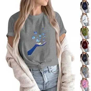 Женская футболка с круглым вырезом и коротким рукавом, повседневная, с принтом L тёмно-синий