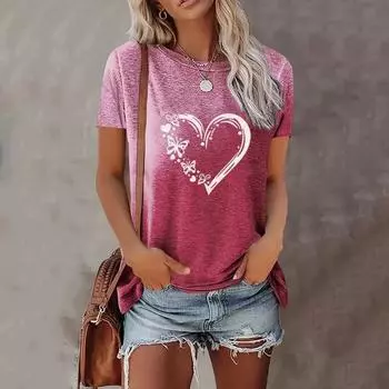 Женская футболка с круглым вырезом и коротким рукавом с принтом в виде бабочки и сердца для весны и лета, повседневная модная одежда больших размеров S