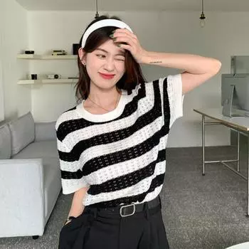 Женская футболка с круглым вырезом и коротким рукавом, стандартный крой, полосатый принт Ice Silk, летние повседневные топы