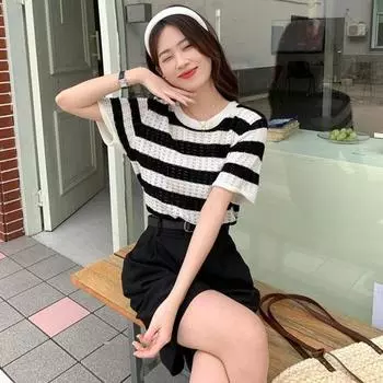 Женская футболка с круглым вырезом и коротким рукавом, стандартный крой, полосатый принт Ice Silk, летние повседневные топы