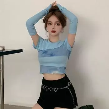 Женская футболка с круглым вырезом и круглым вырезом, сексуальная тонкая футболка с открытым пупком и длинными рукавами, топы