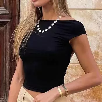 Женская футболка с круглым вырезом и открытой спиной, однотонный укороченный топ с короткими рукавами, летняя милая детская футболка Y2K, облегающая туника, модная майка S чёрный