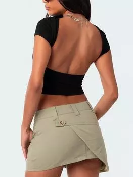 Женская футболка с круглым вырезом и открытой спиной, однотонный укороченный топ с короткими рукавами, летняя милая детская футболка Y2k, облегающая туника, модная майка S чёрный