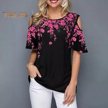 Женская футболка с круглым вырезом и открытыми плечами, футболка с короткими рукавами, свободная посадка, повседневная футболка с цветочным принтом, повседневная одежда 2XL белый