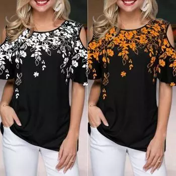 Женская футболка с круглым вырезом и открытыми плечами, футболка с короткими рукавами, свободная посадка, повседневная футболка с цветочным принтом, повседневная одежда 2XL белый