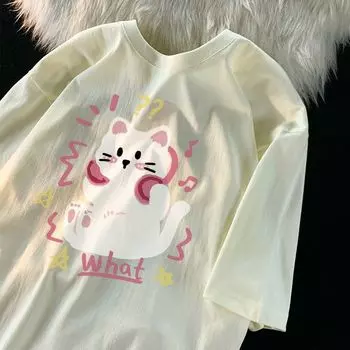 Женская футболка с круглым вырезом и принтом милого мультяшного кота, летняя модная трендовая повседневная удобная футболка из чистого хлопка с короткими рукавами S белый
