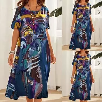 Женская футболка с круглым вырезом и принтом, платье-блузка, повседневные мешковатые свободные платья-туники
