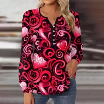 Женская футболка с круглым вырезом и принтом ко Дню святого Валентина, застежка на пуговицы, длинные рукава, плиссировка XXL