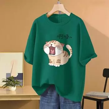 Женская футболка с круглым вырезом и принтом кошки, летние однотонные топы с короткими рукавами больших размеров, базовые футболки для пар XXXXL зелёный