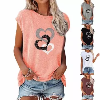 Женская футболка с круглым вырезом и принтом в виде сердца, повседневные топы с короткими рукавами больших размеров S чёрный