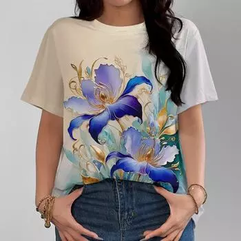 Женская футболка с круглым вырезом и принтом 3D-бабочки, элегантная, повседневная и удобная, весна-лето, фиолетово-золотая, с коротким рукавом S
