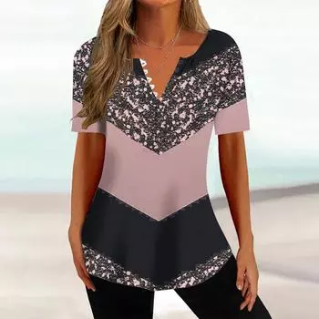 Женская футболка с круглым вырезом и пуговицами с принтом и короткими рукавами L розовый