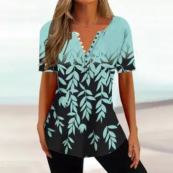 Женская футболка с круглым вырезом и пуговицами с принтом и короткими рукавами L небесно-голубой