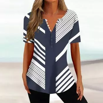 Женская футболка с круглым вырезом и пуговицами с принтом и короткими рукавами L тёмно-синий