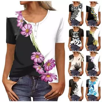 Женская футболка с круглым вырезом и пуговицами с коротким рукавом и низом, топ XXXL хаки