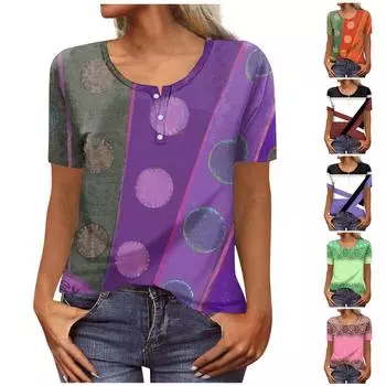 Женская футболка с круглым вырезом и пуговицами с коротким рукавом и низом, топ L темно-фиолетового