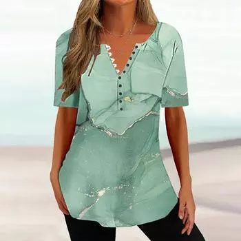 Женская футболка с круглым вырезом и пуговицами с принтом и короткими рукавами L зелёный