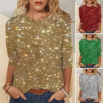Женская футболка с круглым вырезом и рукавами 3/4, блестящий пуловер, топы с блестками, однотонная мерцающая блузка M золотистый