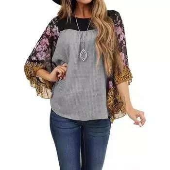 Женская футболка с круглым вырезом и рукавами «летучая мышь» с цветным принтом и вафельным узором S