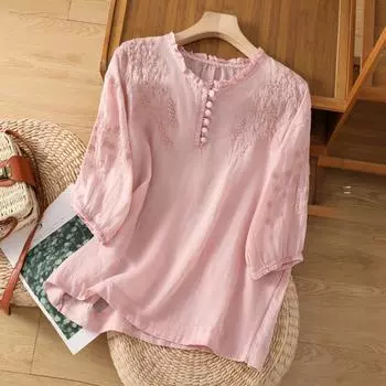 Женская футболка с круглым вырезом и рукавом три четверти, летняя модная блузка с вышивкой и оборками, топы из хлопка и льна M розовый