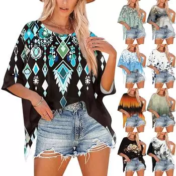 Женская футболка с круглым вырезом и рукавом 1/2 средней длины, свободная повседневная футболка с коротким рукавом M