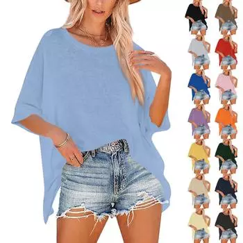 Женская футболка с круглым вырезом и рукавом 1/2 средней длины, свободная повседневная футболка с коротким рукавом S тёмно-синий