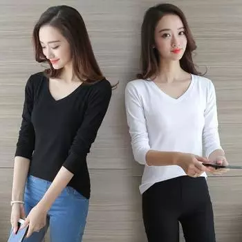 Женская футболка с круглым вырезом и V-образным вырезом, облегающий пуловер с длинным рукавом, эластичная ткань XL