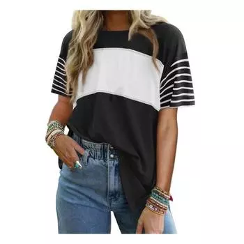 Женская футболка с круглым вырезом, коротким рукавом, футболка с цветными блоками, свободного кроя, универсальные пуловеры, для повседневной носки S чёрный