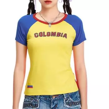 Женская футболка с круглым вырезом, коротким рукавом, принтом букв, контрастного цвета, летние топы, уличная одежда M жёлтый