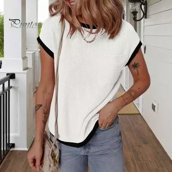 Женская футболка с круглым вырезом, коротким рукавом, карманом, украшением, футболка с цветными блоками, свободная футболка, одежда для отдыха L розовый