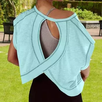 Женская футболка с круглым вырезом, коротким рукавом и открытой спиной, однотонная свободная футболка для тренировок, универсальная повседневная одежда XXL светло-синий