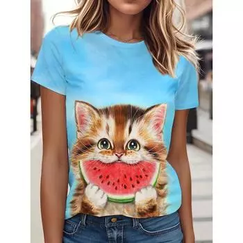 Женская футболка с круглым вырезом Летняя повседневная модная футболка с коротким рукавом Принт 3D кошка животный узор Большой размер Женская одежда S
