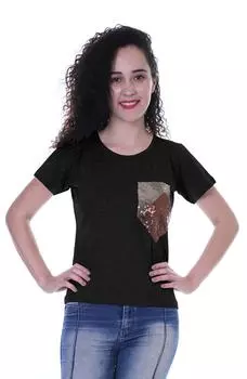 Женская футболка с круглым вырезом Moomaya, футболка с короткими рукавами и пайетками, накладными карманами - 2XL чёрный