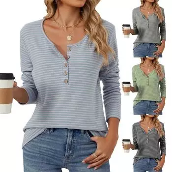 Женская футболка с круглым вырезом на пуговицах, однотонная полосатая повседневная футболка с длинными рукавами, футболки на осень-зиму S