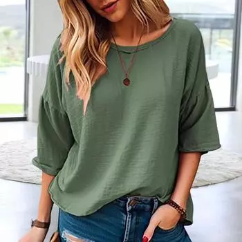 Женская футболка с круглым вырезом, однотонная футболка с рукавами 3/4, свободный крой, тонкие пуловеры, летние универсальные топы L синий