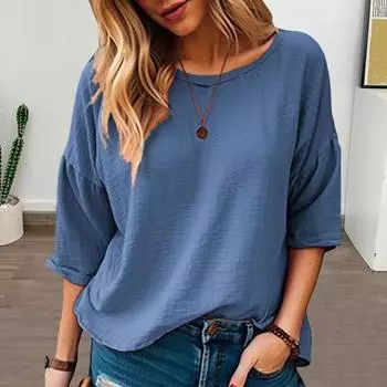 Женская футболка с круглым вырезом, однотонная футболка с рукавами 3/4, свободный крой, тонкие пуловеры, летние универсальные топы L синий