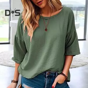 Женская футболка с круглым вырезом, однотонная футболка с рукавами 3/4, свободный крой, тонкие пуловеры, летние универсальные топы L синий