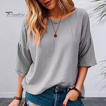 Женская футболка с круглым вырезом, однотонная футболка с рукавами 3/4, свободный крой, тонкие пуловеры, летние универсальные топы L синий