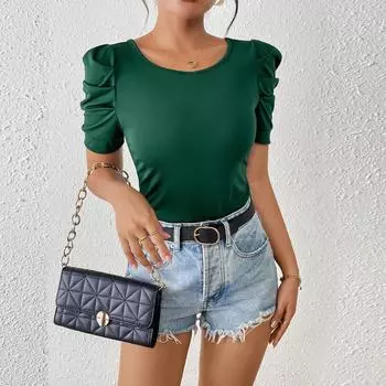 Женская футболка с круглым вырезом, плиссированная, с коротким рукавом, бантом XL