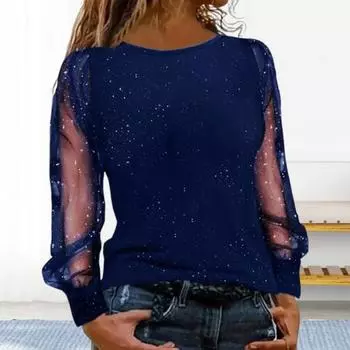 Женская футболка с круглым вырезом, прозрачная, с блестками, с длинным рукавом, однотонная, свободная L чёрный