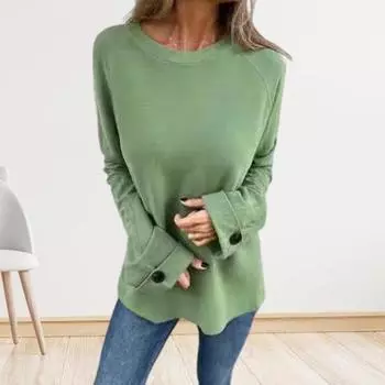 Женская футболка с круглым вырезом реглан с длинным рукавом на пуговицах и манжетами Однотонная футболка L хаки