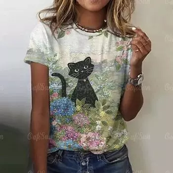 Женская футболка с круглым вырезом, топ с принтом мультяшного кота, повседневная футболка с короткими рукавами, женская уличная одежда в стиле ретро XXS